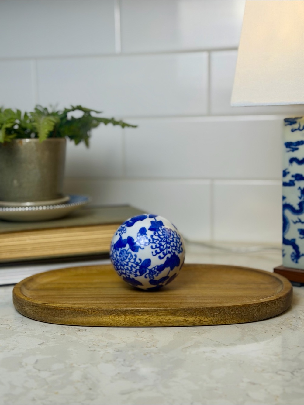 Blue and White Ceramic Decorative Sphere - Classic Floral Accent